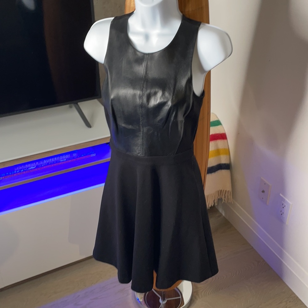 Club Monaco Black Faux Leather Bodice Fit-and-Flare Midi Dress